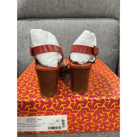NIB Tory Burch Mini Benton Red Apple Kid Suede Wedge Sandals $298 - Picture 9 of 10